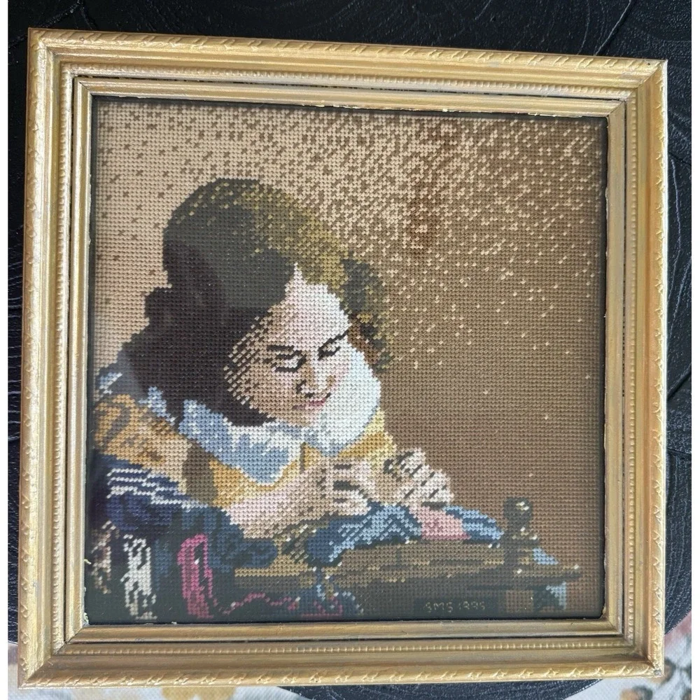 Vintage Framed Needlepoint Young Lady Sewing Cross Stitch Art Gold Frame 10x10